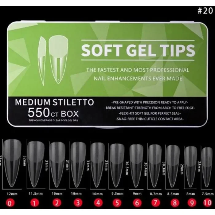 Φωτογραφία προϊόντος: Soft Gel Tips Medium Stiletto 11 μεγέθη 550 τεμ. (OEM)