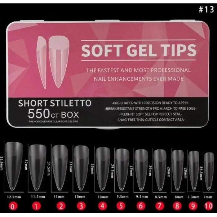 Φωτογραφία προϊόντος: Soft Gel Tips Short Stilleto 11 μεγέθη 550pcs
