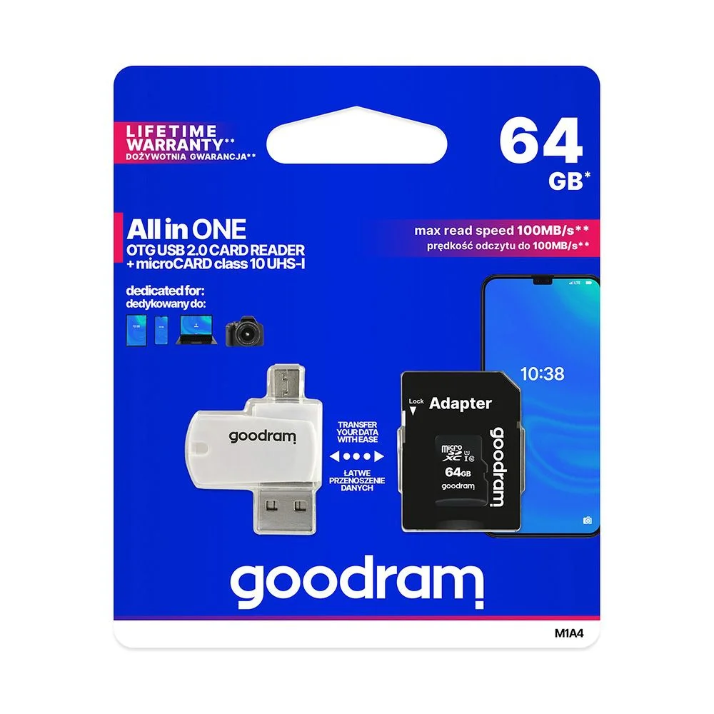 Φωτογραφία προϊόντος: . GOODRAM ALL IN ONE M1A4 - ccard reader with USB/micro USB socket + micro SD 64GB card