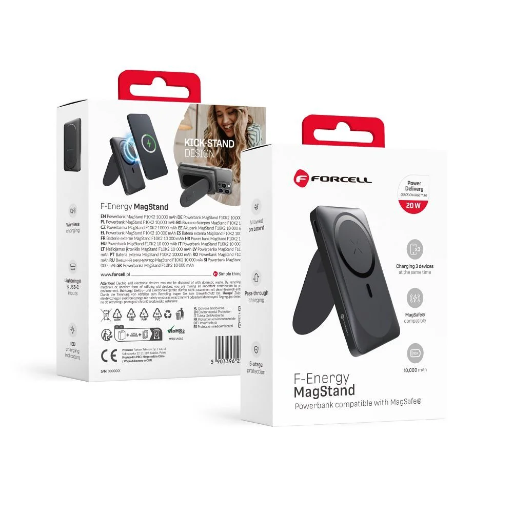 Φωτογραφία προϊόντος: . FORCELL Powerbank F-Energy MagStand F10K2 10 000mAh 20W compatybile with MagSafe black