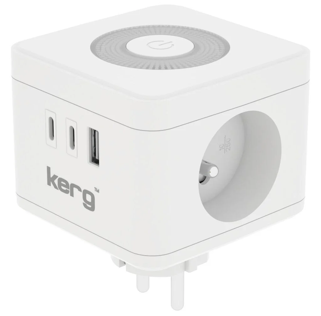 Φωτογραφία προϊόντος: . KERG Smart 2-socket power cube + USB-A + USB-C charger + LED lamp 16A/250V~ white