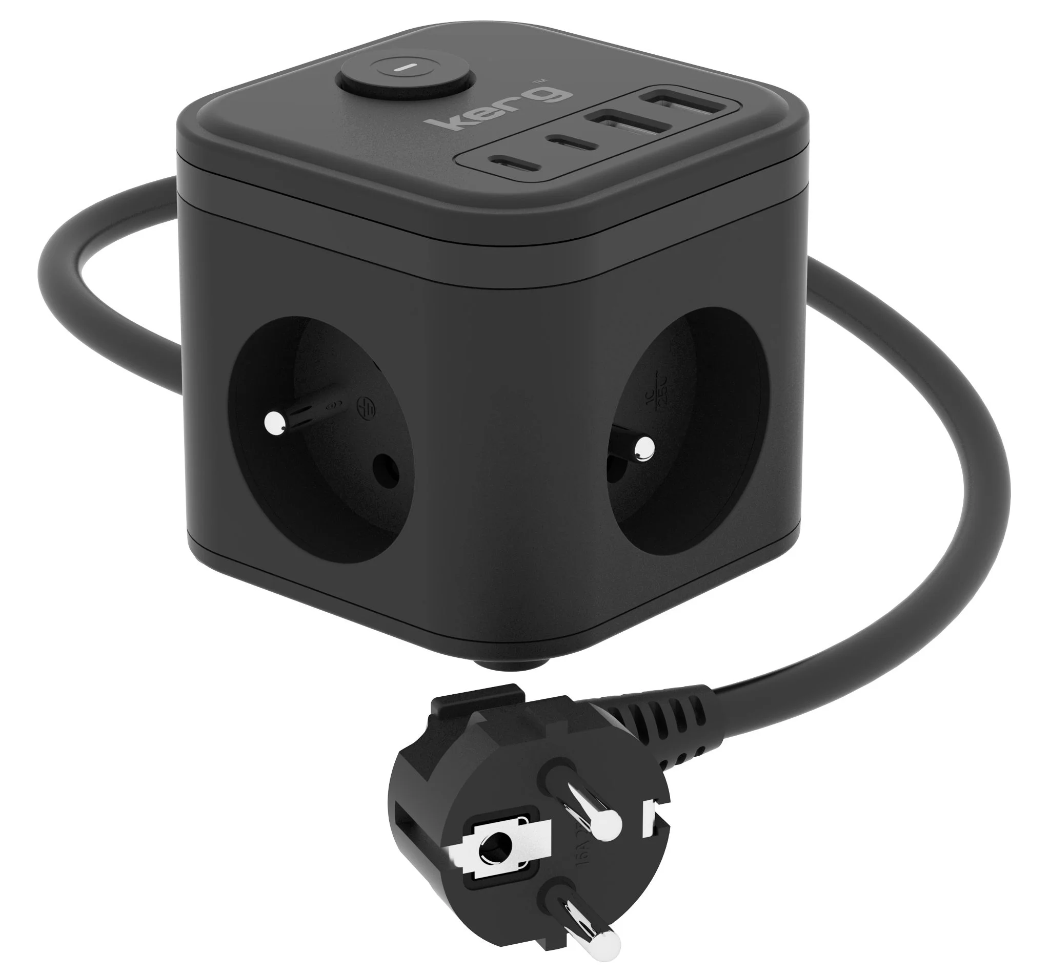 Φωτογραφία προϊόντος: KERG 3-socket power cube + fast charger USB-A+USB-C 1.5m 3×1.5mm2 H05VV-F 16A/250V~ Smart black