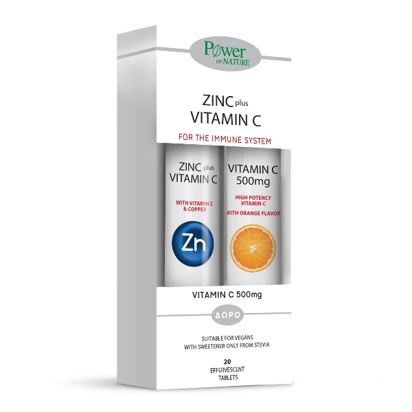 Φωτογραφία προϊόντος: Power of Nature Promo (1+1) Zinc Plus Vitamin C, 20eff.tabs & Vitamin C 500mg, 20eff.tabs, 1set