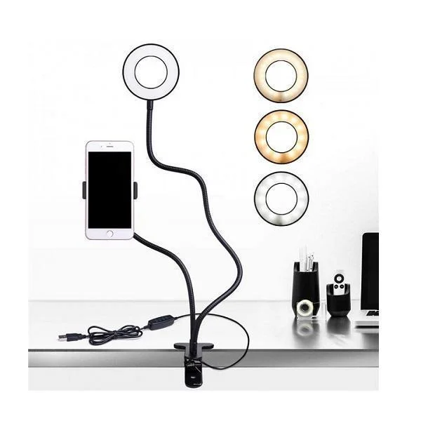 Φωτογραφία προϊόντος: OEM LED Φωτιστικό & Βάση Κινητού Τηλεφώνου Γραφείου USB με Κλιπ & Εύκαμπτο Βραχίονα 2 σε 1 - Professional Live Stream Light