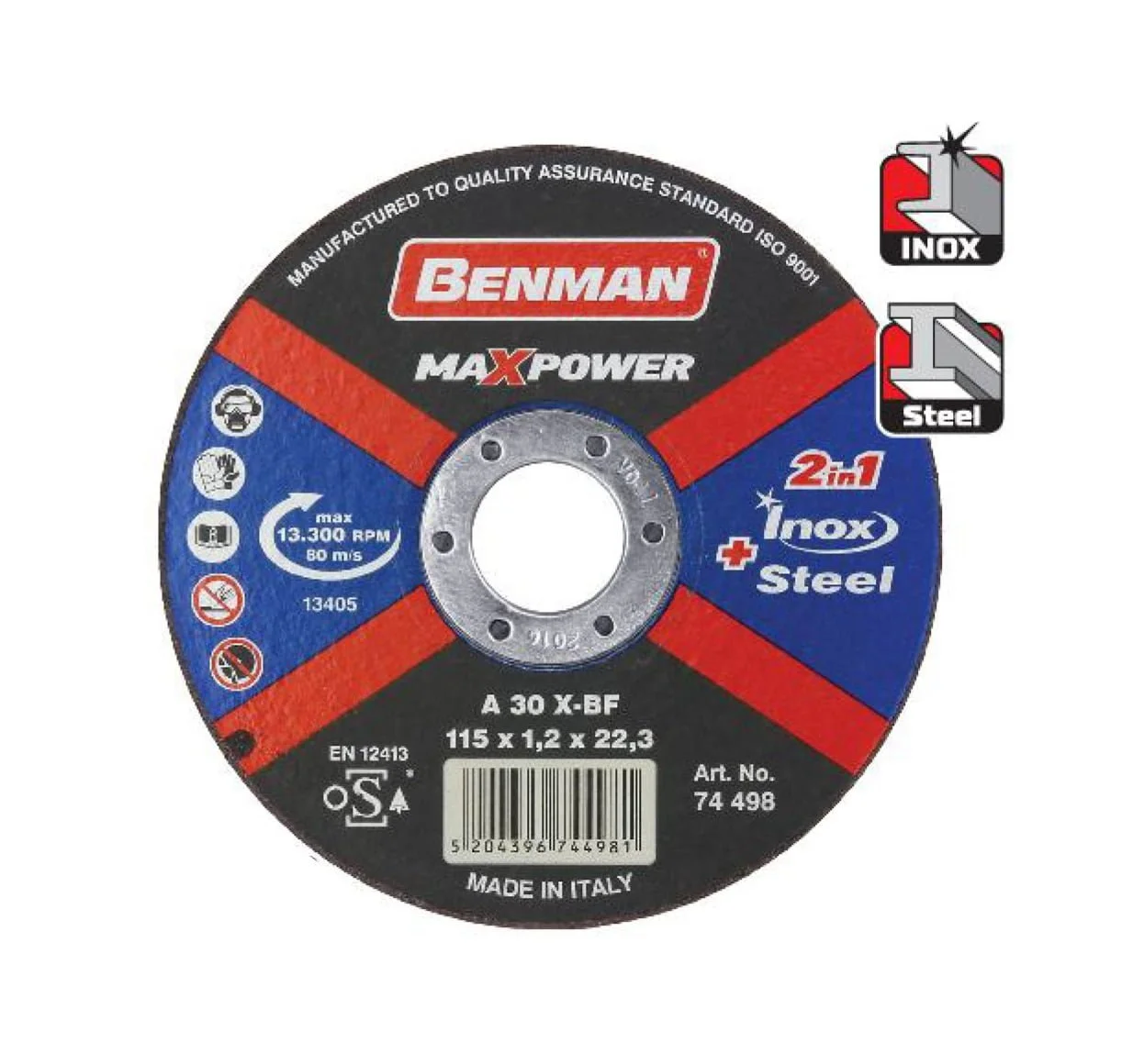 Φωτογραφία προϊόντος: Benman Max Power Δίσκος Κοπής Inox και Σιδήρου 115mm x 1.2mm x 22.3mm - 74498