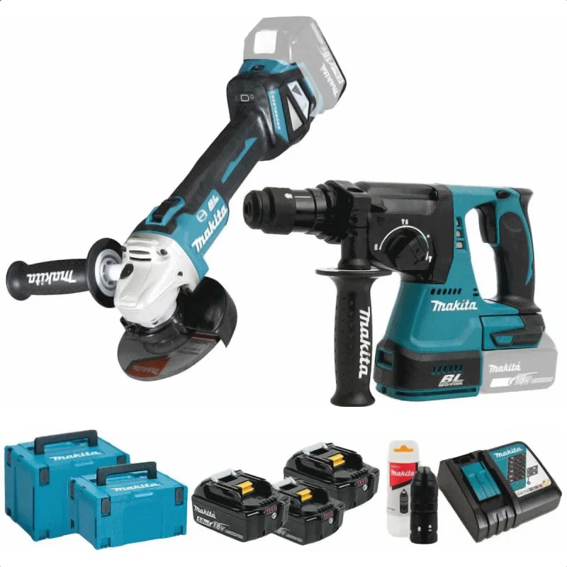 Φωτογραφία προϊόντος: Makita Promo kit DLX2256TJ1 - Πιστολέτο 3 λειτουργιών DHR243 (με ταχυτσόκ) + τον γωνιακό τροχό DGA513 μαζι με ταχυφορτιστή, 2 βαλίτσες μεταφοράς MakPac + 3 μπαταρίες 5.0Ah (3×5.0Ah