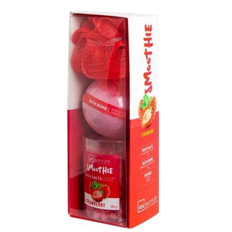 Φωτογραφία προϊόντος: IDC Institute Smoothie Bath Set Strawberry Άλατα 200gr , Μπάλα Μπάνιου 140gr + Σφουγγαράκι