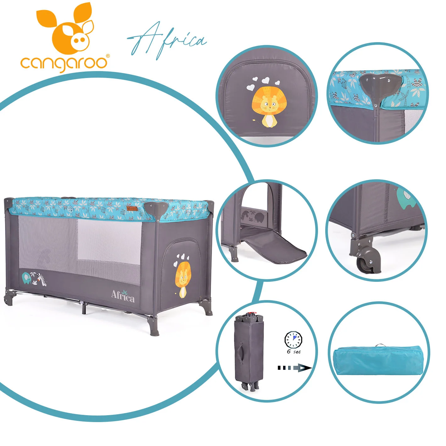 Φωτογραφία προϊόντος: CANGAROO - Folding cot Africa turquoise - 3800146248253