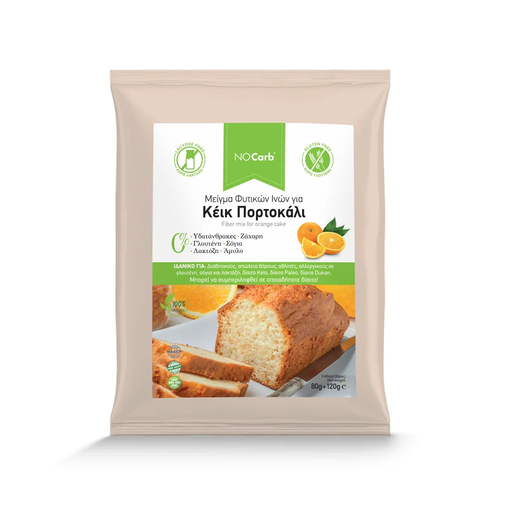 Φωτογραφία προϊόντος: No Carb® Μείγμα φυτικών ινών για Κέικ Πορτοκάλι με Στέβια & Ερυθριτόλη NoCarb 80g+120g