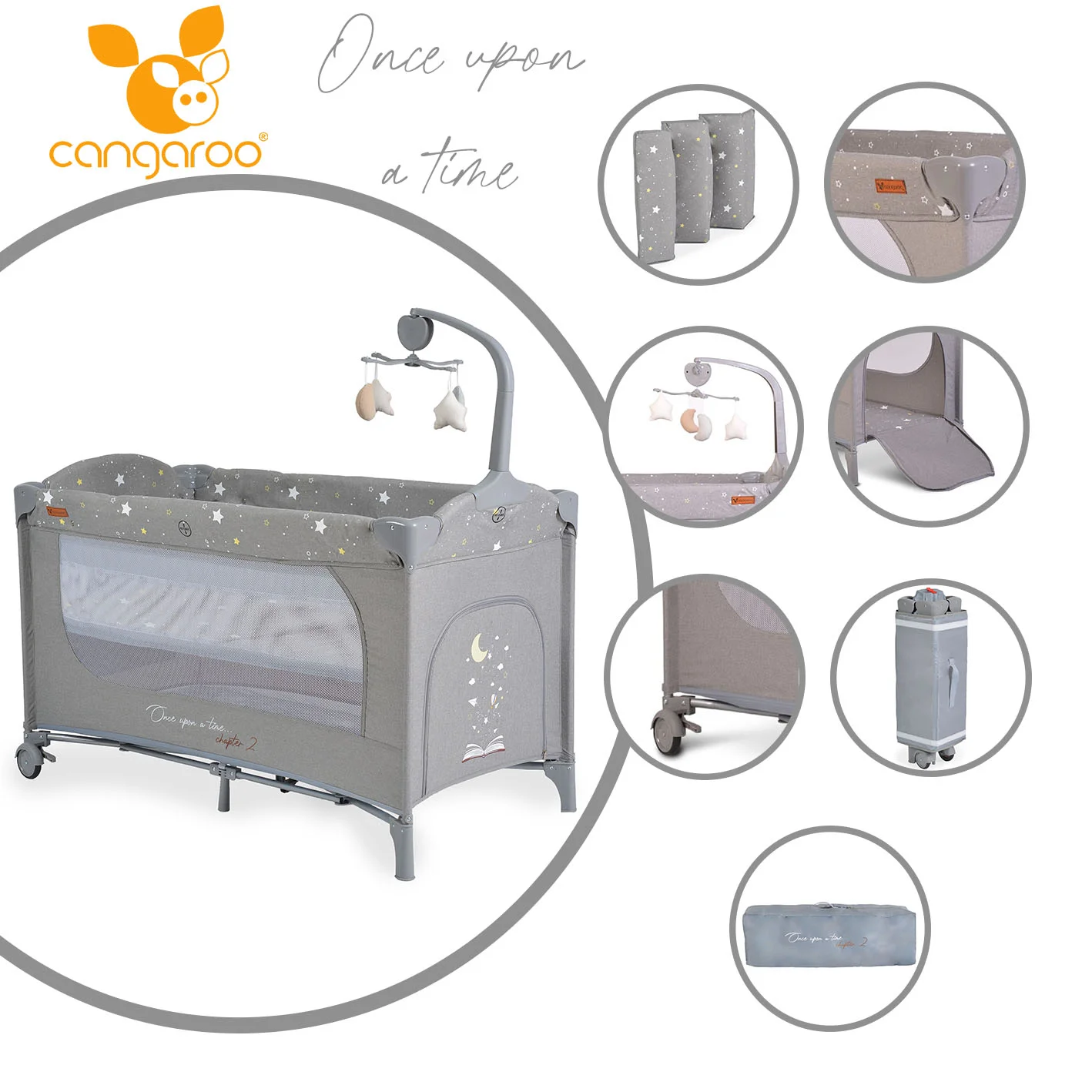 Φωτογραφία προϊόντος: CANGAROO - Folding cot Once upon a time 2 grey - 3800146248383