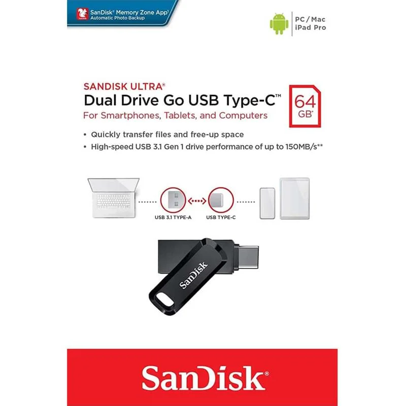 Φωτογραφία προϊόντος: USB 3.1 Stick Sandisk Ultra Dual Drive Go 64GB με σύνδεση USB-A & USB-C Μαύρο