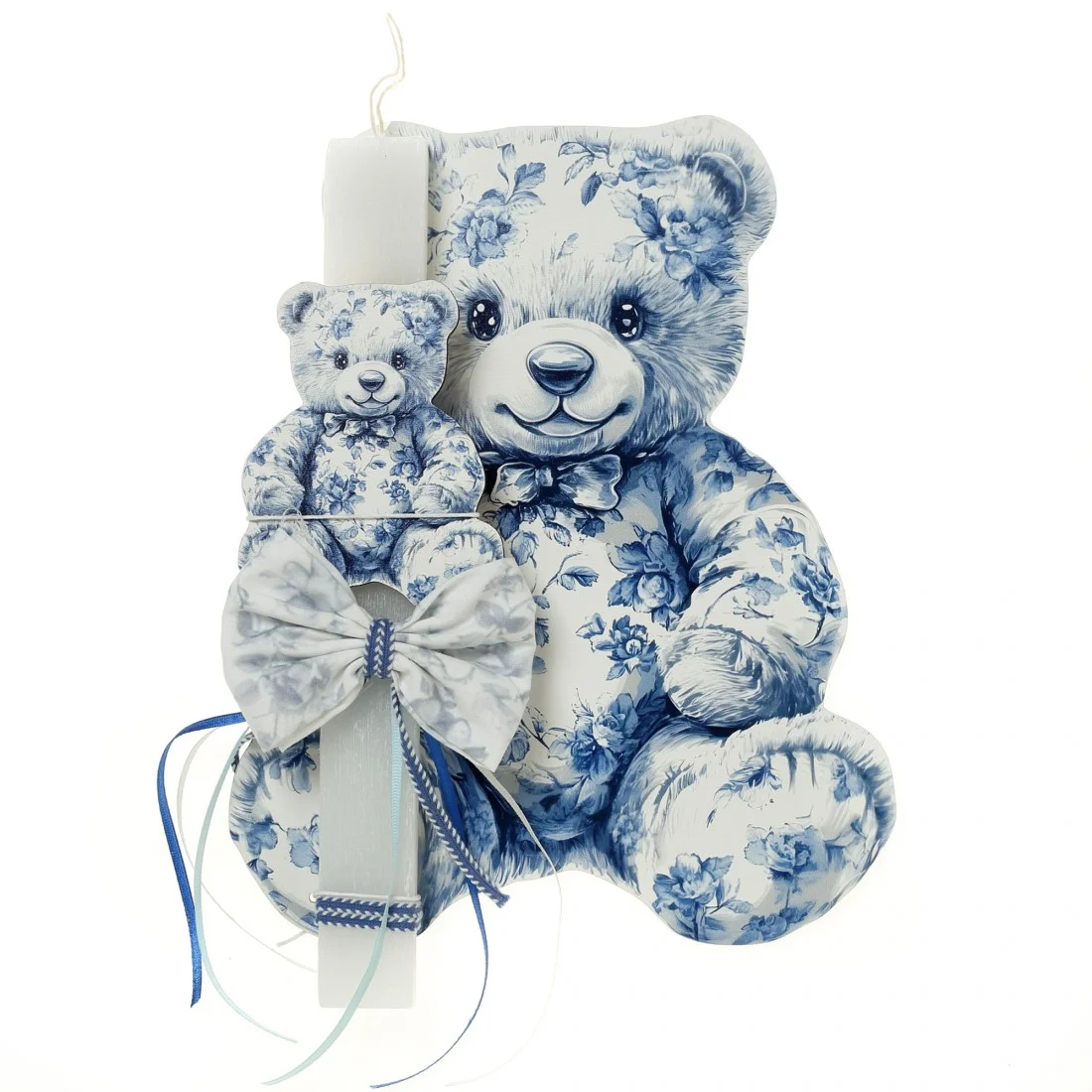 Φωτογραφία προϊόντος: Πασχαλινή Λαμπάδα "Blue Floral Teddy Bear" με Ξύλινο Διακοσμητικό Τοίχου