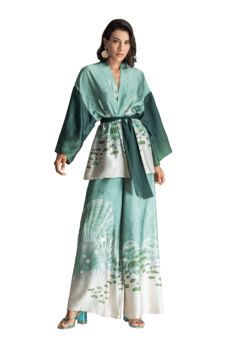 Φωτογραφία προϊόντος: Moutaki 26.06.34 Green Satin Kimono + Wide Leg Pants Set