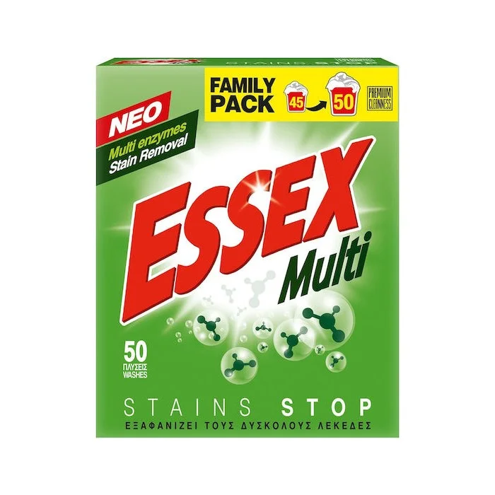 Φωτογραφία προϊόντος: Essex Multi Stains Stop Απορρυπαντικό Ρούχων σε Σκόνη με Άρωμα Violet Blossom 2.40kg (50 Μεζούρες)