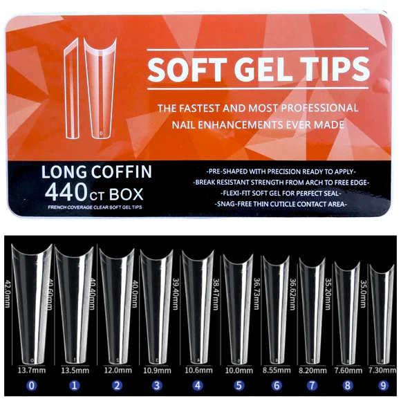 Φωτογραφία προϊόντος: Soft Gel Tips Long Coffin – 11 μεγέθη, 440 τεμ. (OEM)
