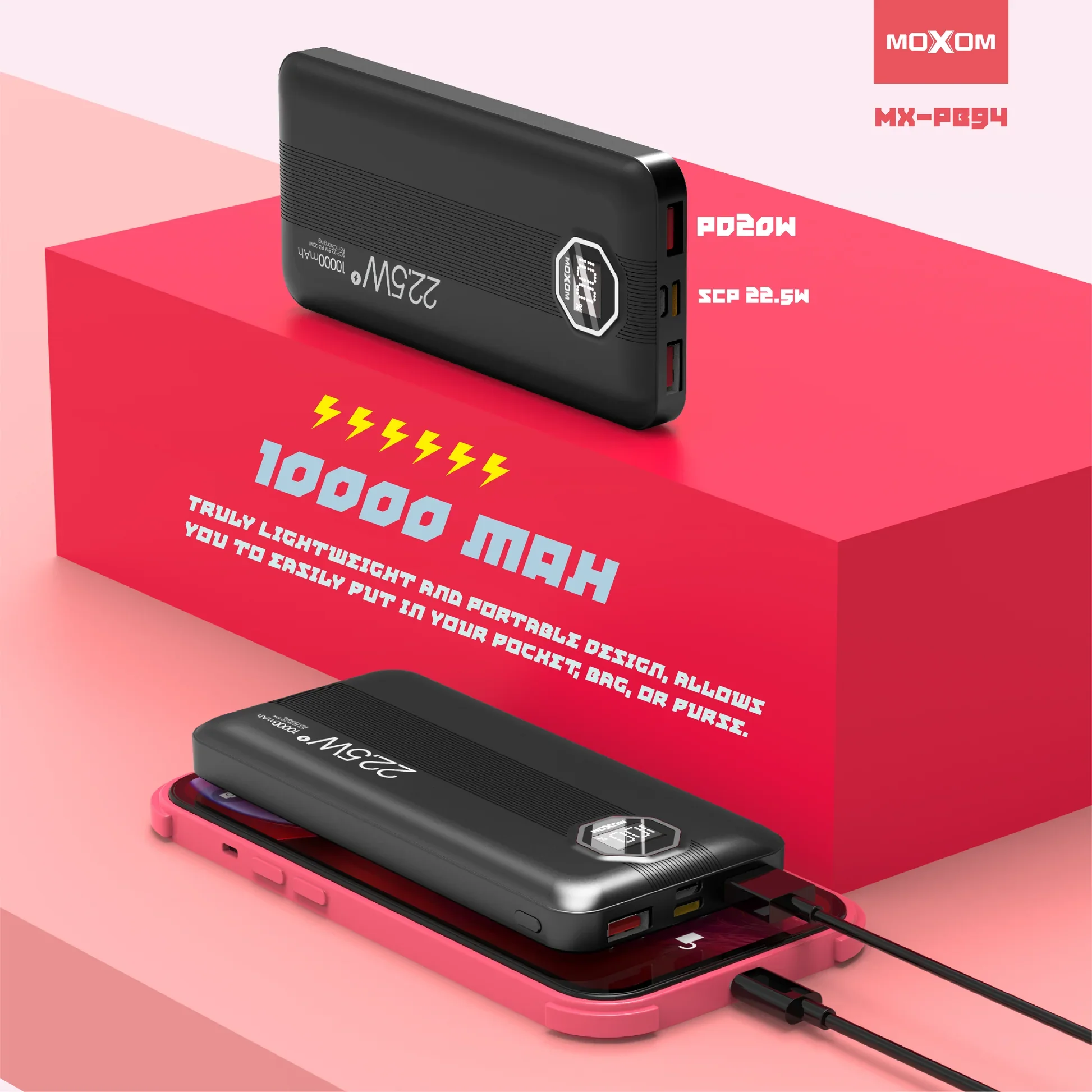 Φωτογραφία προϊόντος: Power Bank MOXOM MX-PB94 10000mAh USB-A / Micro USB / Type-C (SCP/PD) Μαύρο