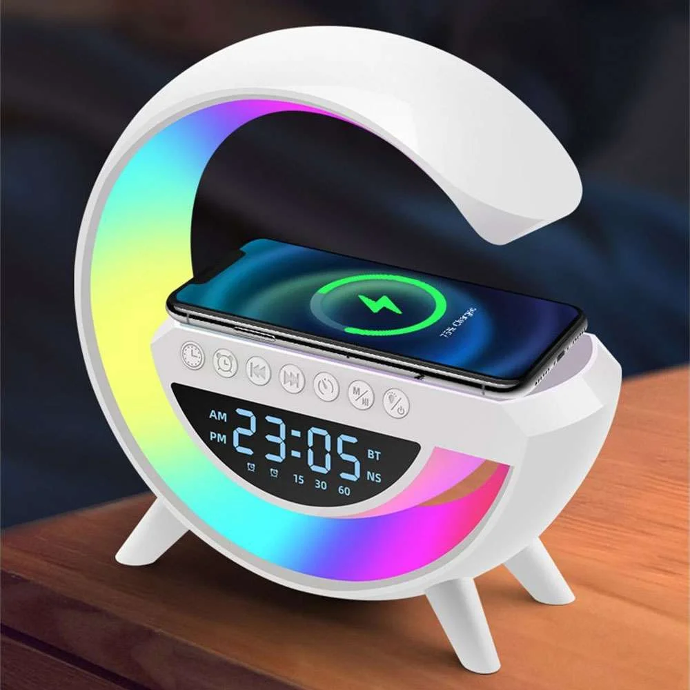 Φωτογραφία προϊόντος: RGB LED φωτιστικό με ηχείο Bluetooth, ραδιόφωνο, ασύρματη φόρτιση και LED οθόνη BT 3401 (OEM)