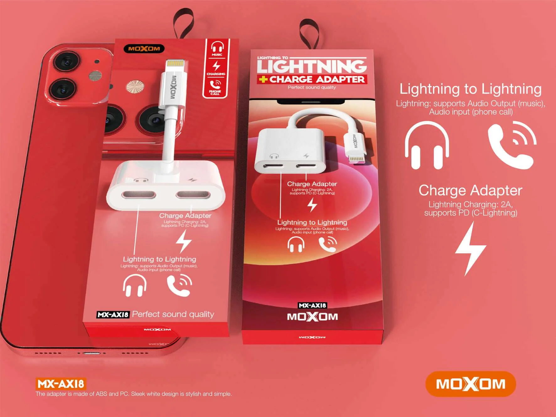 Φωτογραφία προϊόντος: Μετατροπέας Lightning σε Lightning Audio Output + Lightning Charge Adapter Λευκό MOXOM MX-AX18