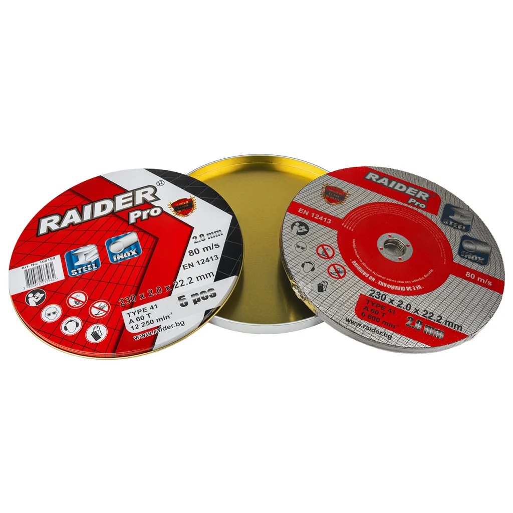 Φωτογραφία προϊόντος: RAIDER Τροχός κοπής inox A60T 230*2.0*22.2mm σε μεταλικό κουτί 160159 (τιμή/τεμ)