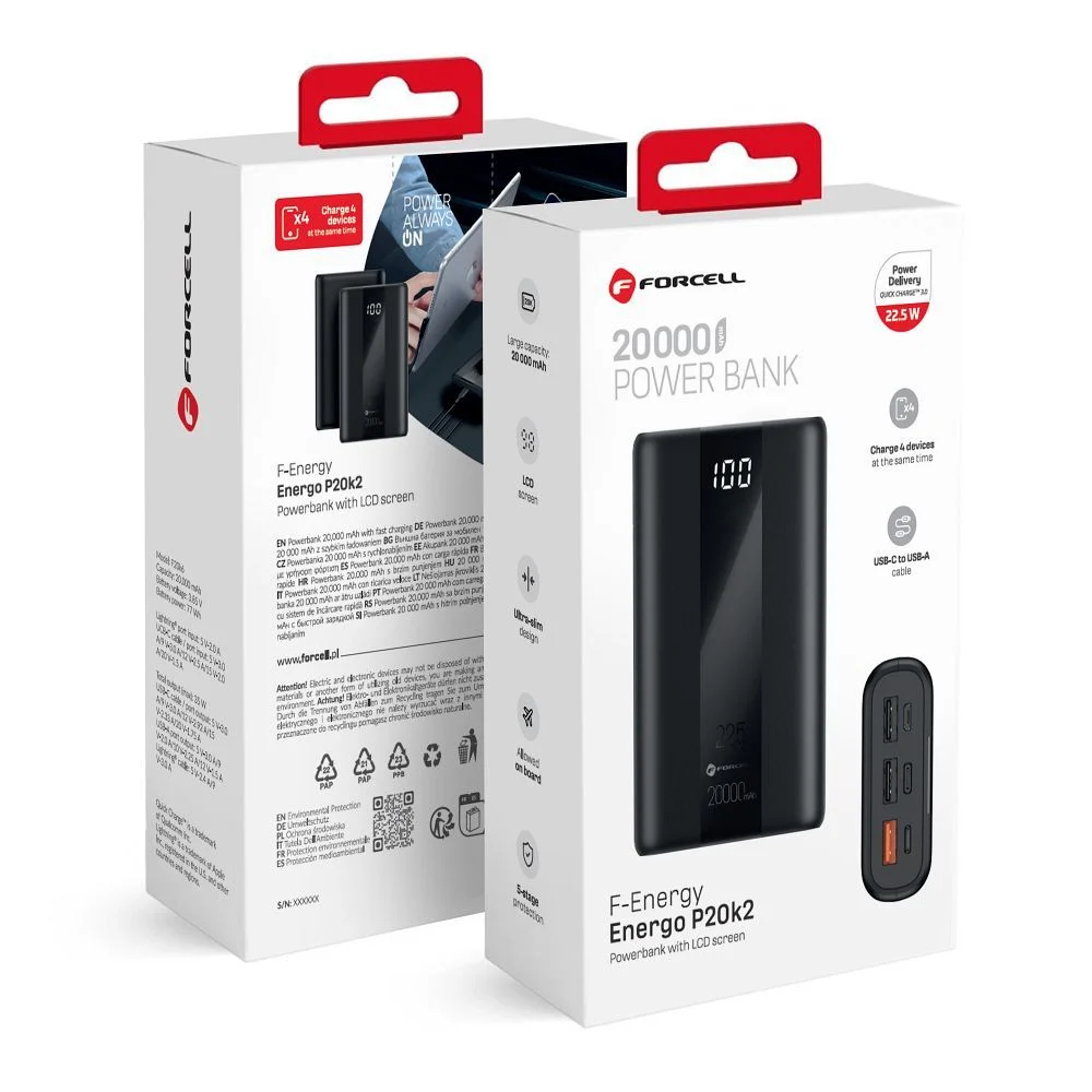 Φωτογραφία προϊόντος: FORCELL F-ENERGY P20K2 Energo powerbank PD QC3.0 3A 22,5W 20000 mAh black