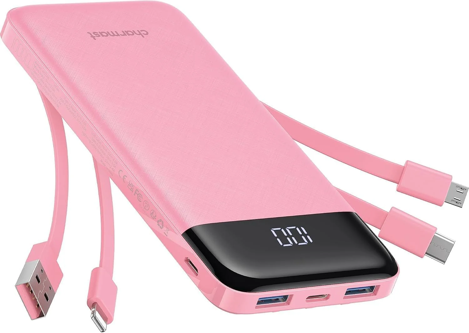 Φωτογραφία προϊόντος: . Powerbank 5V 3A 10000 mAh with built-in cables USB A / USB C / Lightning / Micro USB Charmast W1148 pink