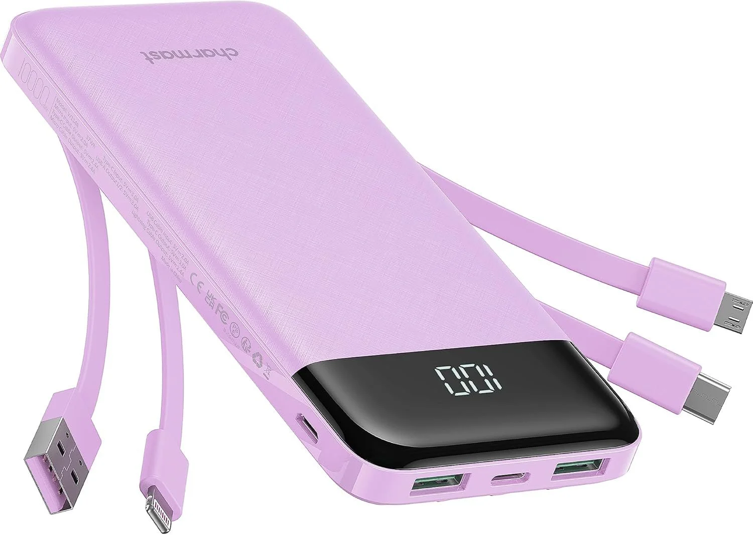 Φωτογραφία προϊόντος: . Powerbank 5V 3A 10000 mAh with built-in cables USB A / USB C / Lightning / Micro USB Charmast W1148 purple