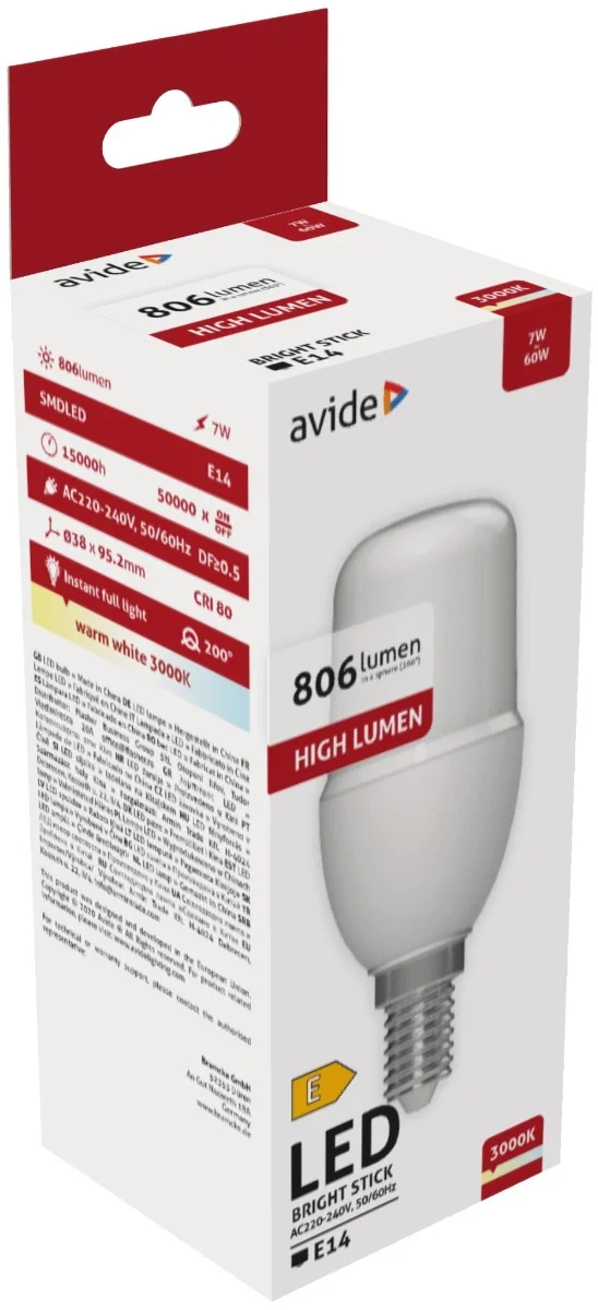 Φωτογραφία προϊόντος: Avide LED Bright Stick Bulb T37 7W E14 Θερμό 3000K