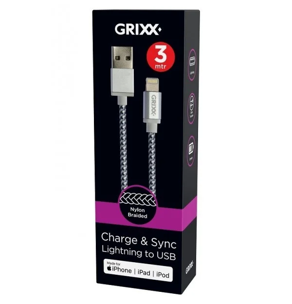 Φωτογραφία προϊόντος: Grixx Cable 8-pin to USB Apple MFI Braided 3 m Grey/White