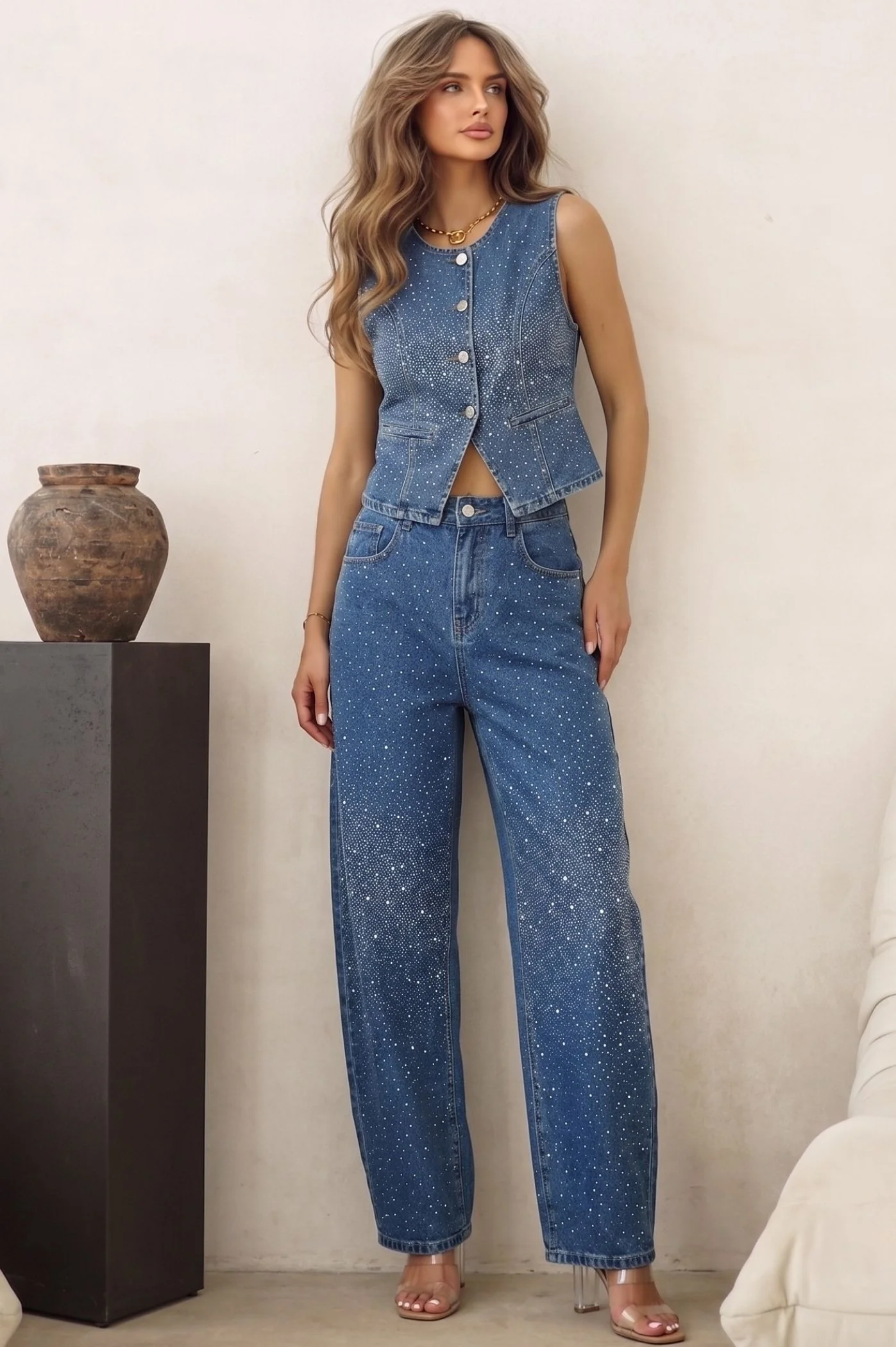 Φωτογραφία προϊόντος: Antithesis Clothing ΣΕΤ JEAN ΓΙΛΕΚΟ ΚΑΙ ΠΑΝΤΕΛΟΝΙ BUGGY ΜΕ STRASS - ΜΠΛΕ