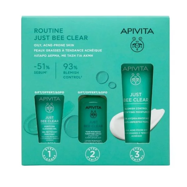 Φωτογραφία προϊόντος: Apivita Just Bee Clear Routine Purifying Cleanser Gel 15ml + Purifying Lotion 50ml + Blemish Control Mattifying Moisturizer 40ml