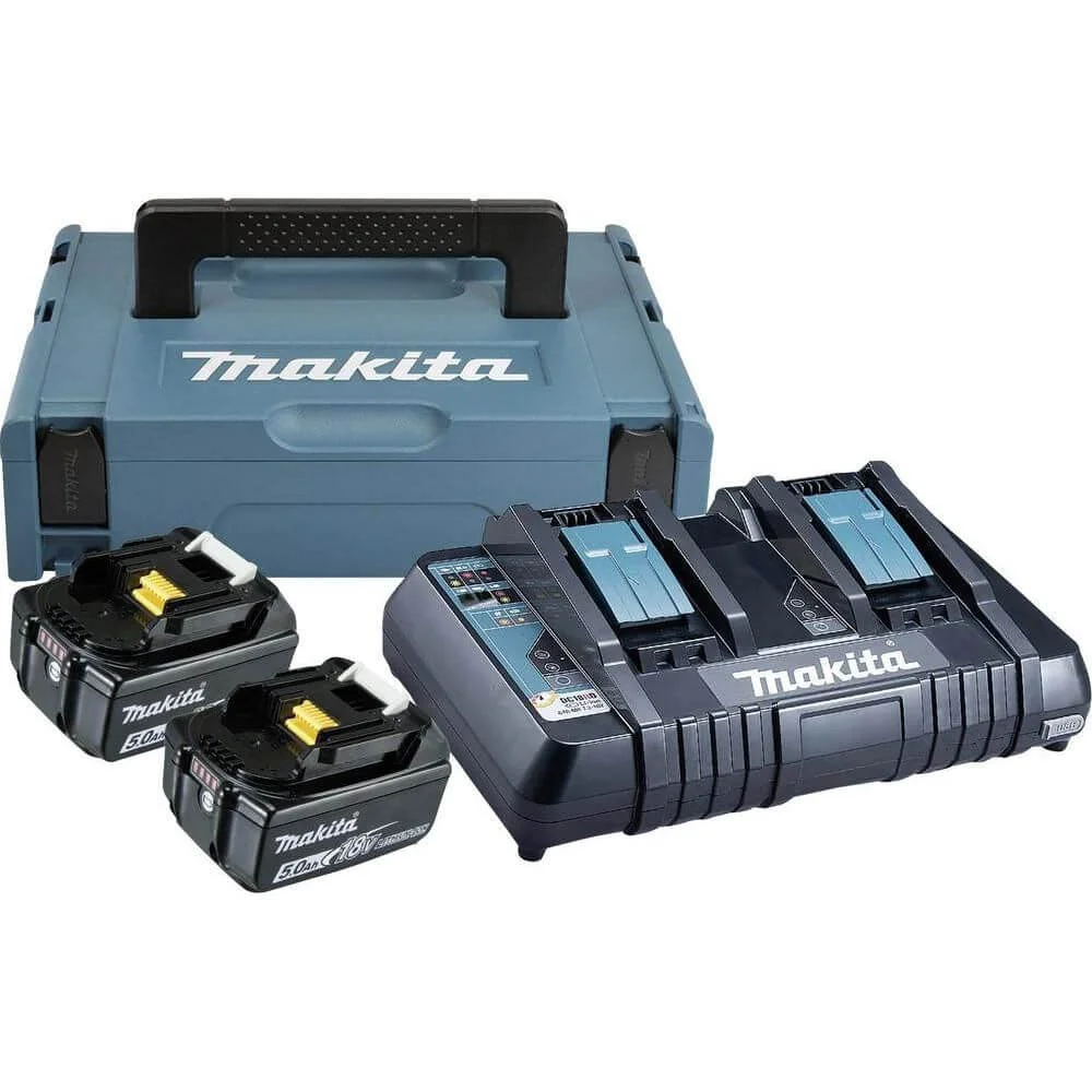 Φωτογραφία προϊόντος: Makita 197629-2 - Σετ 2 μπαταρίες Li-ion 18V/5.0Ah (BL1850B), διπλό ταχυφορτιστή (DC18RD) & βαλίτσα MakPac