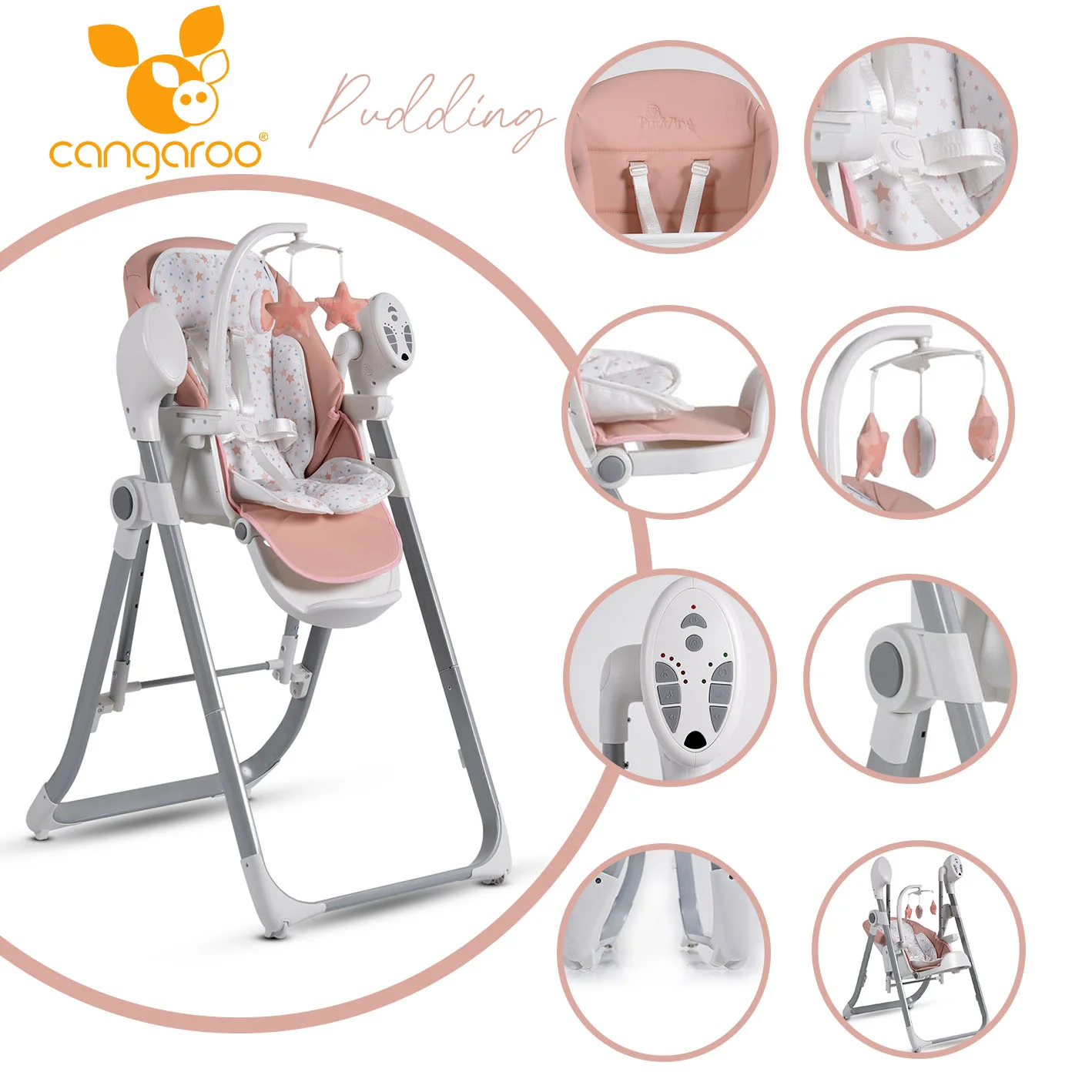 Φωτογραφία προϊόντος: CANGAROO - High chair and swing Pudding 2 in 1 pink - 3801005150878