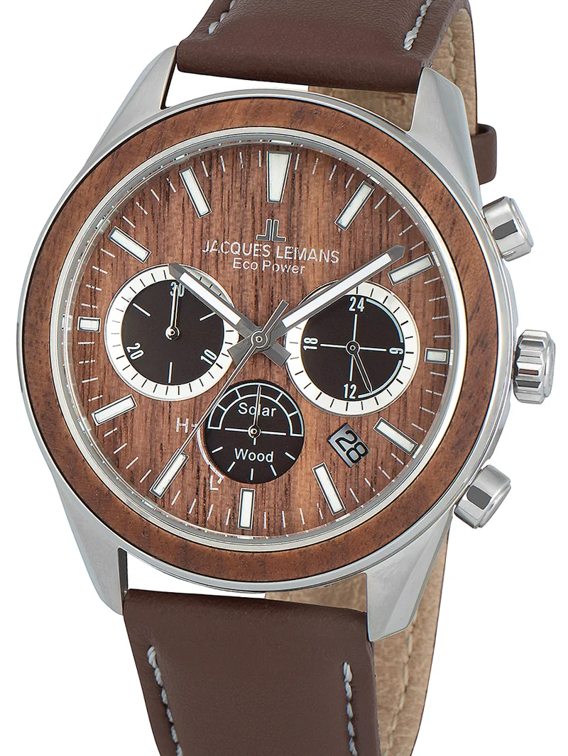 Φωτογραφία προϊόντος: Jacques Lemans Eco-Power Wood Ρολόι Χρονογράφος Ηλιακής Ενέργειας με Καφέ Δερμάτινο Λουράκι 1-2115B
