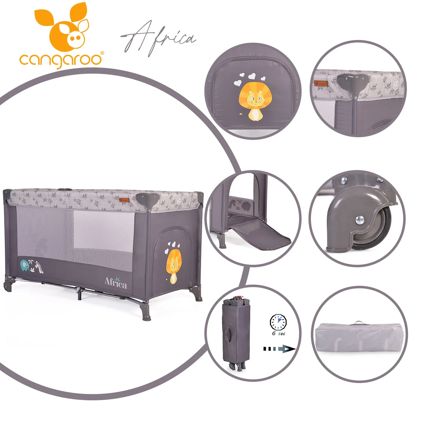 Φωτογραφία προϊόντος: CANGAROO - Folding cot Africa grey - 3800146248239
