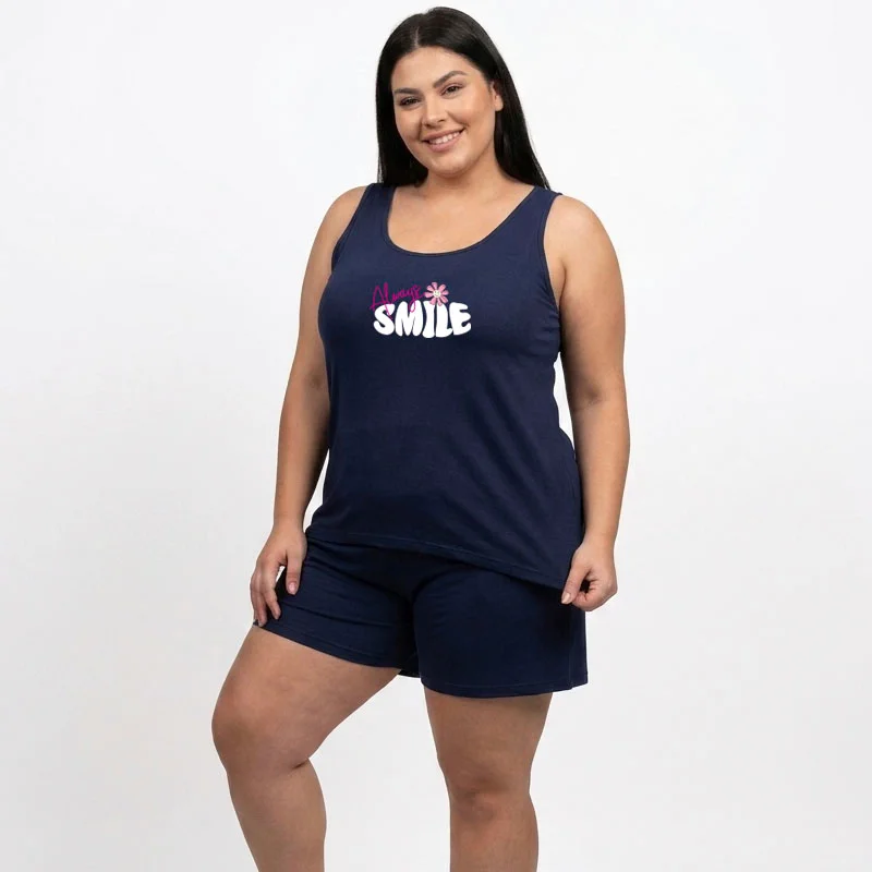 Φωτογραφία προϊόντος: AA UNDERWEAR A.A UNDERWEAR Πιτζάμα Plus Φαρδιά Τιράντα Γυναικεία 100% Cotton Μπλε Smile