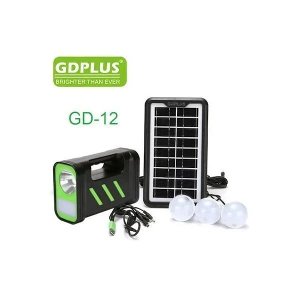 Φωτογραφία προϊόντος: OEM GDPlus GD-12 Ηλιακό Σύστημα Φωτισμού με Φακό / 3 Λάμπες LED και πλεξούδα USB