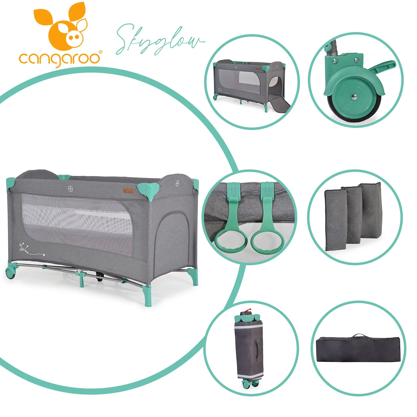Φωτογραφία προϊόντος: CANGAROO - Folding cot Skyglow 2 mint