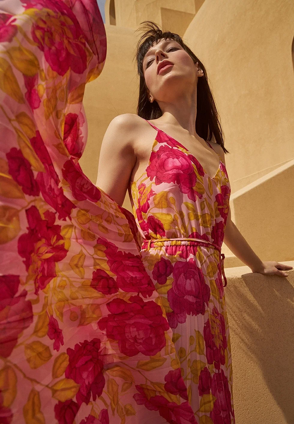 Φωτογραφία προϊόντος: Desiree 08.38133 floral print midi dress πλισέ με τιράντες και λεπτό κορδόνι στη μέση