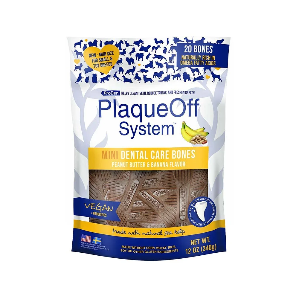 Φωτογραφία προϊόντος: Plaque Off Mini Dental Care Bones Με Μπανάνα + Φυστικοβούτυρο 340gr