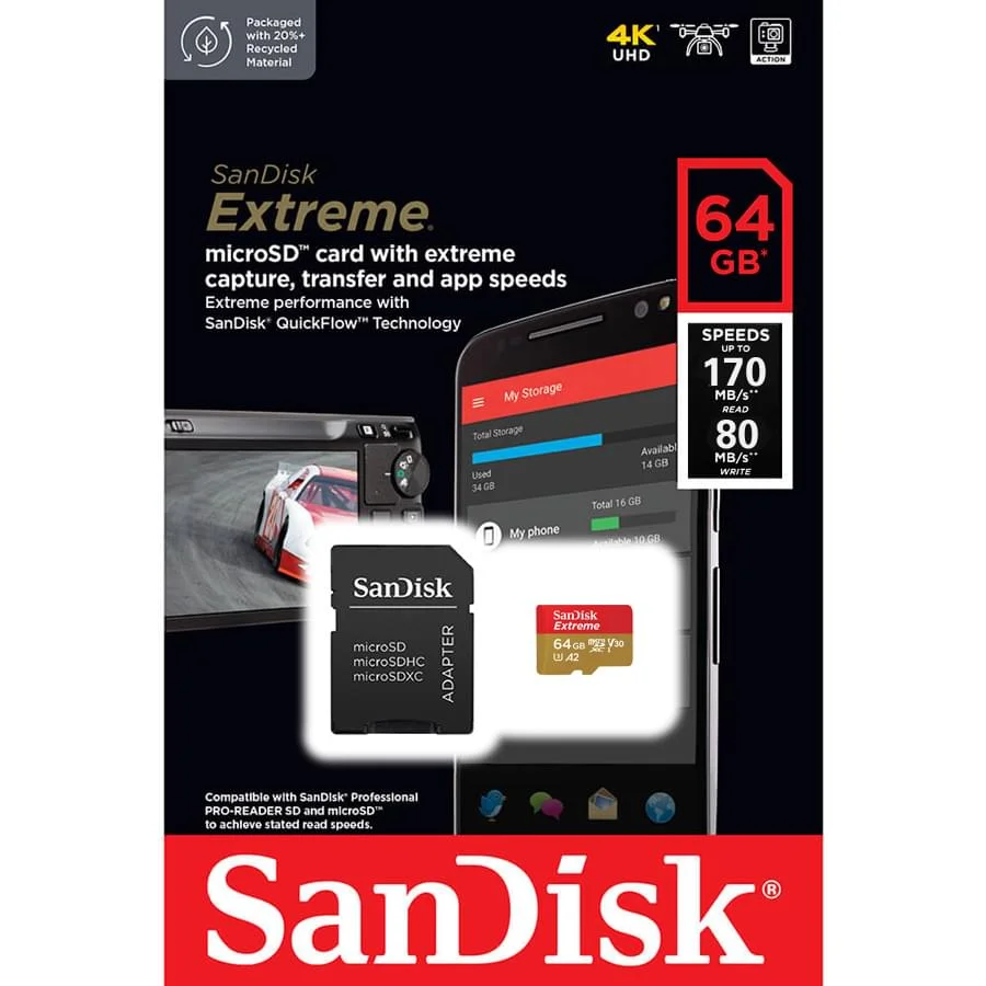 Φωτογραφία προϊόντος: SanDisk Extreme microSDXC with adapter 64GB V30 A2 | SDSQXAH-064G-GN6MA
