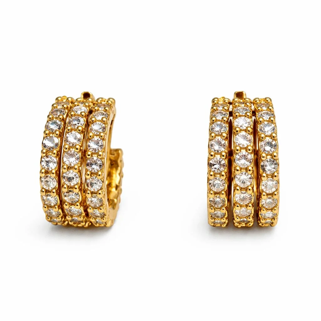 Φωτογραφία προϊόντος: Ghetto Gold Triple Row Crystal Earrings | Stainless Steel Pave Mini Hoops