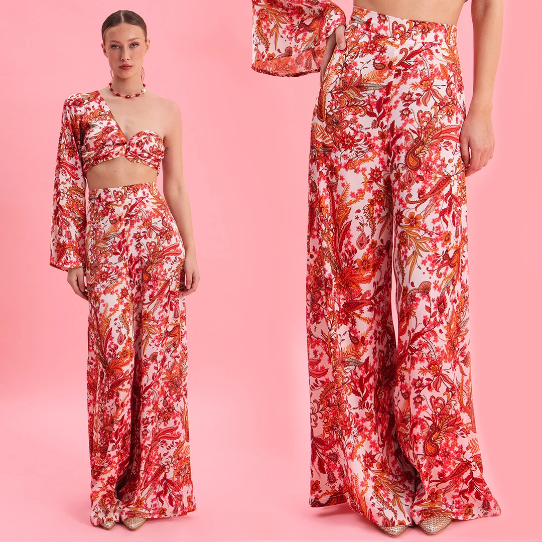Φωτογραφία προϊόντος: Eveleya Rustic Romance High Waisted Satin Pants 25331 Multi color
