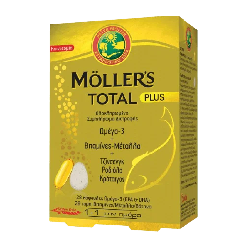Φωτογραφία προϊόντος: Moller's Total Plus Συμπλήρωμα Διατροφής με Ωμέγα 3, Βιταμίνες, Μέταλλα & 3 Καταξιωμένα Βότανα - Για Ολοκληρωμένη Τόνωση του Οργανισμού, 28+28caps