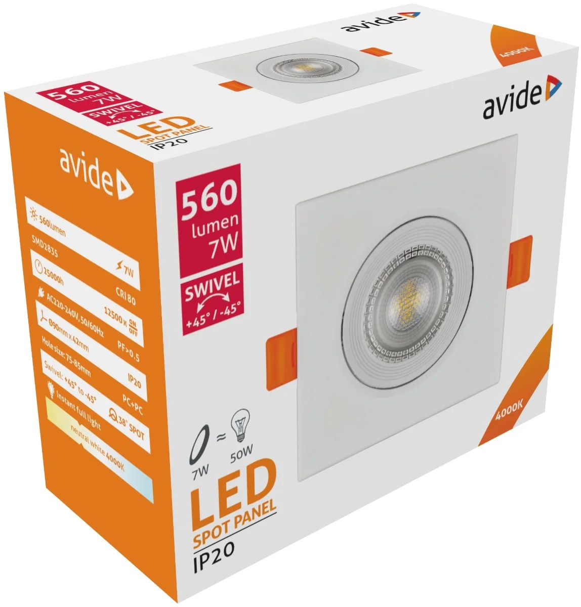 Φωτογραφία προϊόντος: Avide LED Χωνευτό Σπότ 38° Τετράγωνο 7W Λευκό 4000K