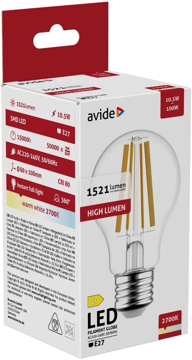 Φωτογραφία προϊόντος: Avide LED Filament Κοινή 10.5W E27 A65 360° Θερμό 2700K Υψηλής Φωτεινότητας
