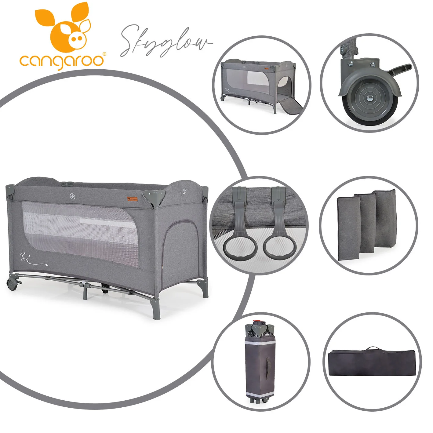 Φωτογραφία προϊόντος: CANGAROO - Folding cot Skyglow 2 grey - 3800146248949