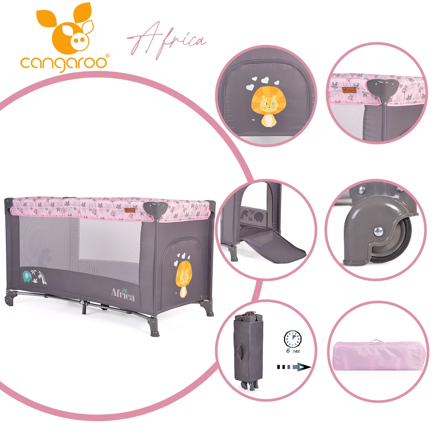 Φωτογραφία προϊόντος: CANGAROO - Folding cot Africa pink - 3800146248246