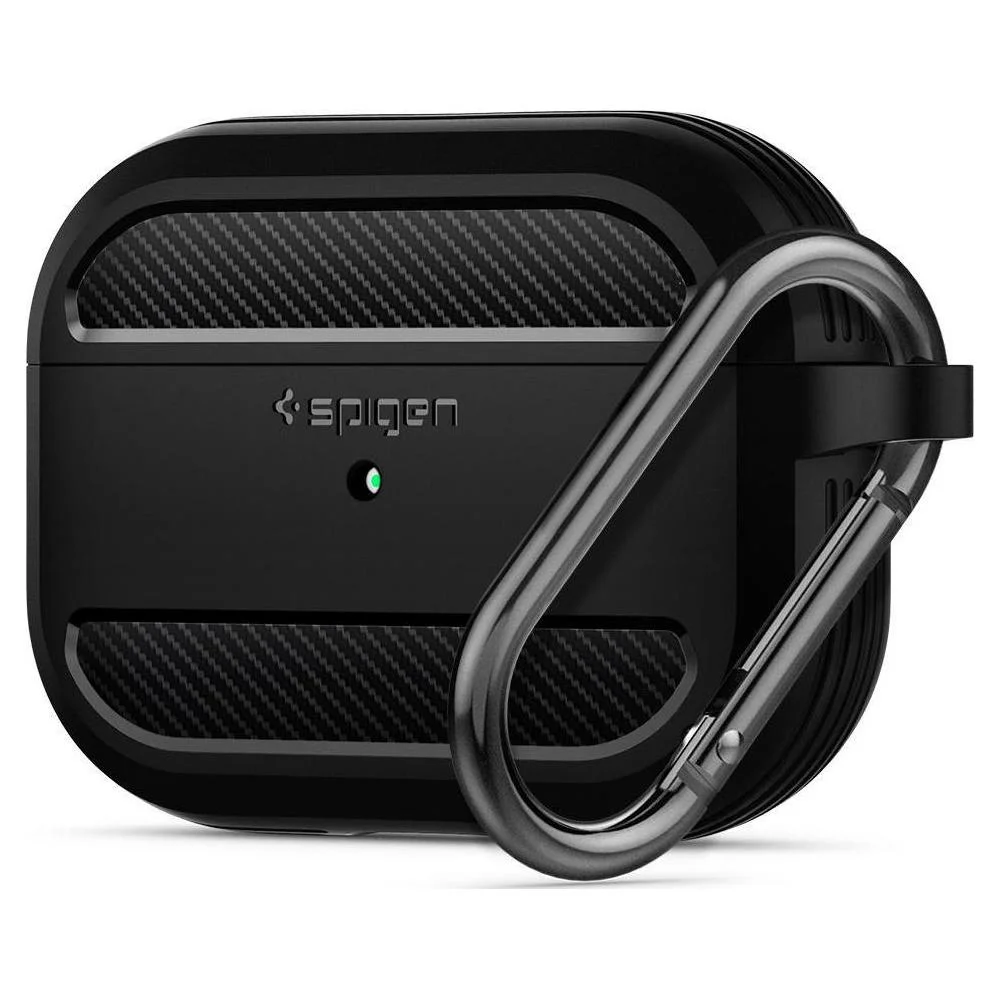 Φωτογραφία προϊόντος: Θήκη Spigen Rugged Armor σιλικόνης με μπρελόκ για Apple AirPods Pro 2 και Apple AirPods 4 Μαύρη