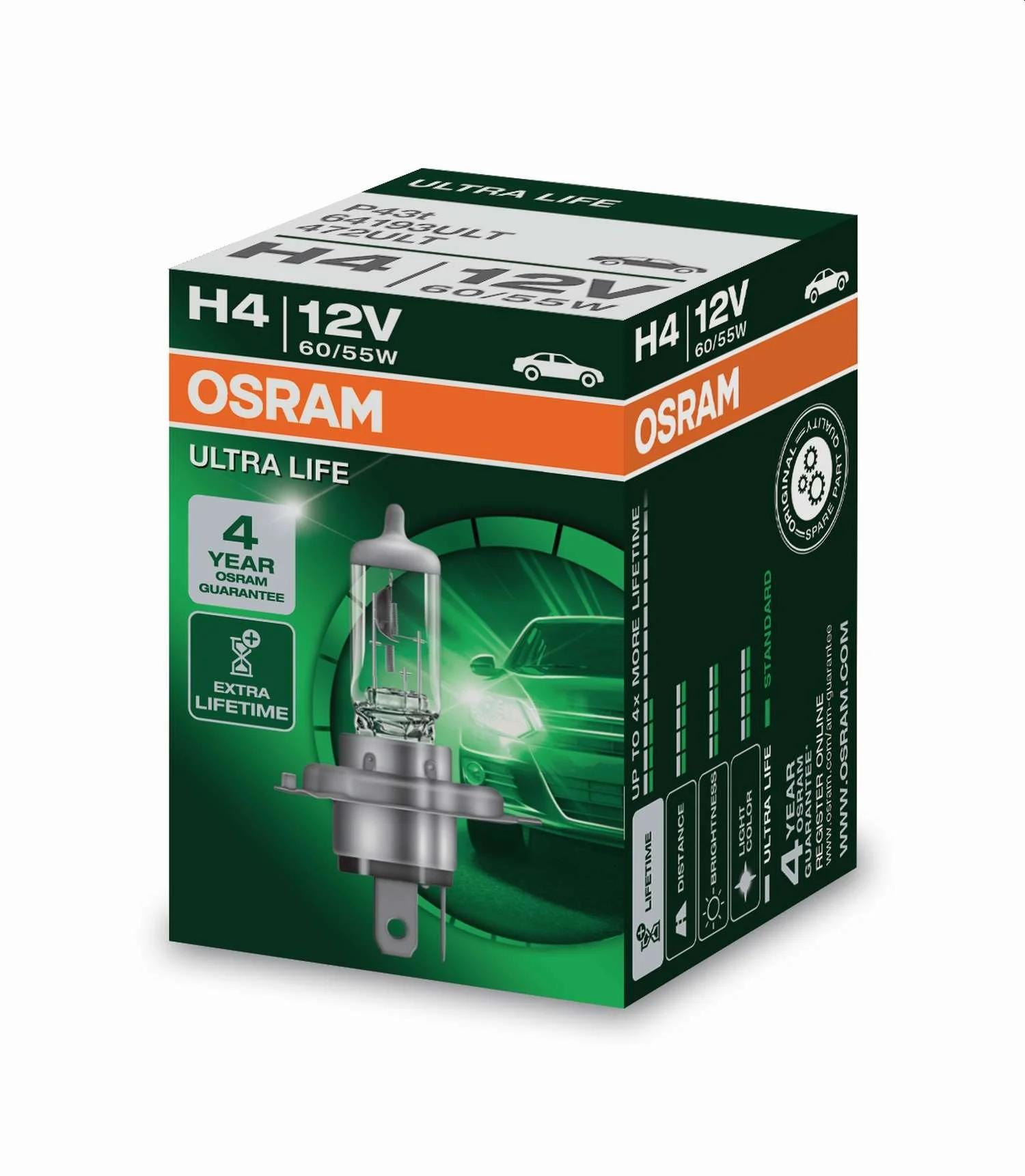 Φωτογραφία προϊόντος: OSRAM H4 12V 60/55W P43t ULTRA LIFE (64193ULT) 1τμχ