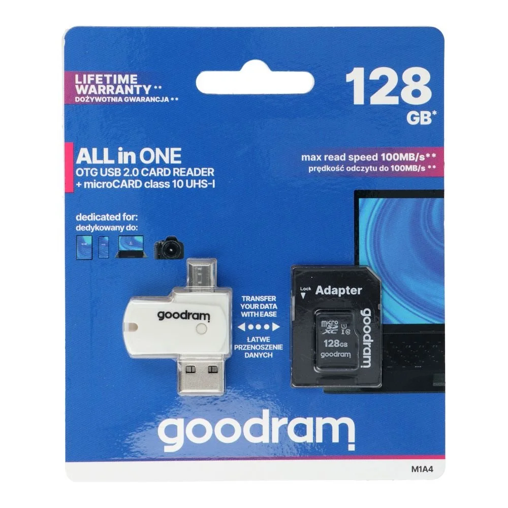 Φωτογραφία προϊόντος: . GOODRAM ALL IN ONE M1A4 - ccard reader with USB/micro USB socket + micro SD 128GB card